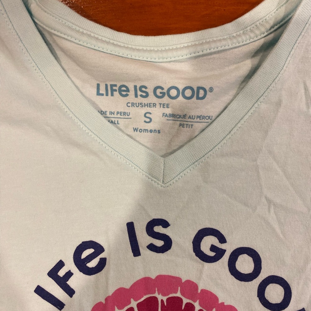 Life Is Good White V-Neck Tee with Pink Graphic